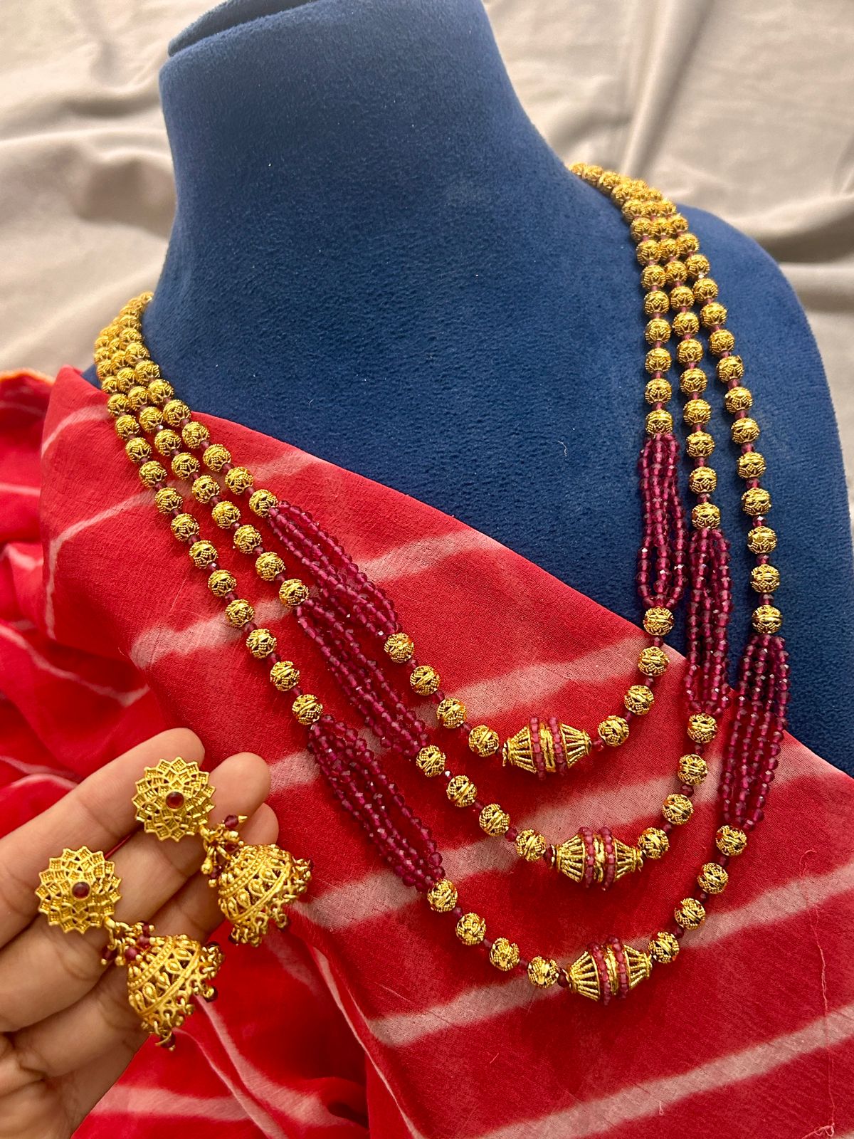 Antique Gold Beaded Long Haram with Ruby Beads & Jhumka Earrings