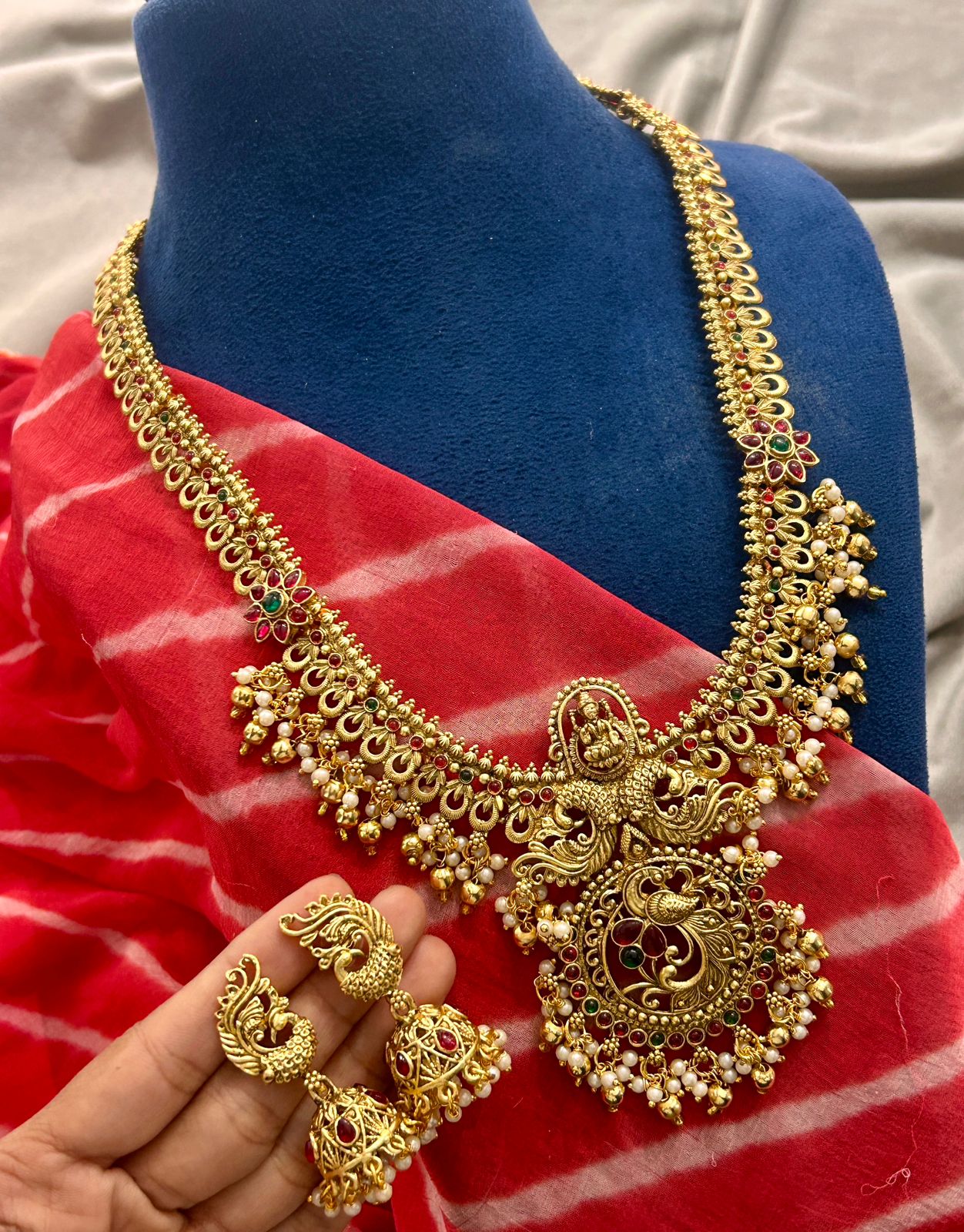 Antique Peacock Temple Necklace with Lakshmi Pendant & Jhumka Earrings
