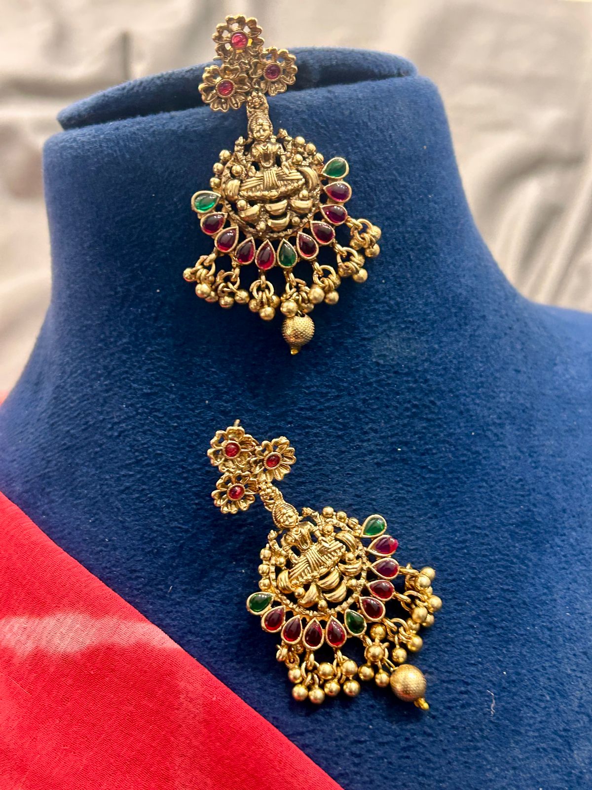 Antique Lakshmi Temple Necklace with Red-Green Stone Detailing & Earrings