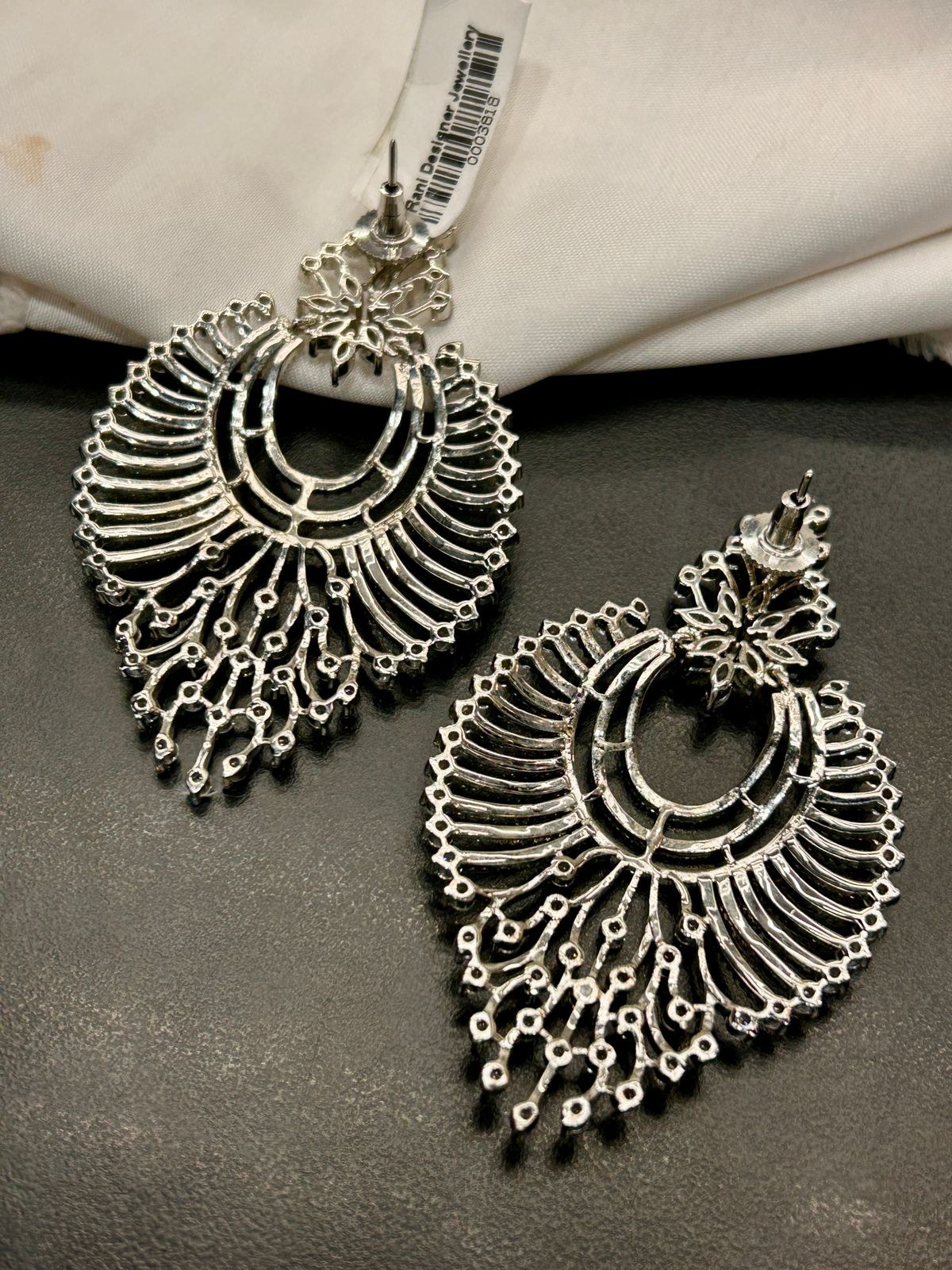 Sparkling Silver Fan Style Long Diamond Look Earrings