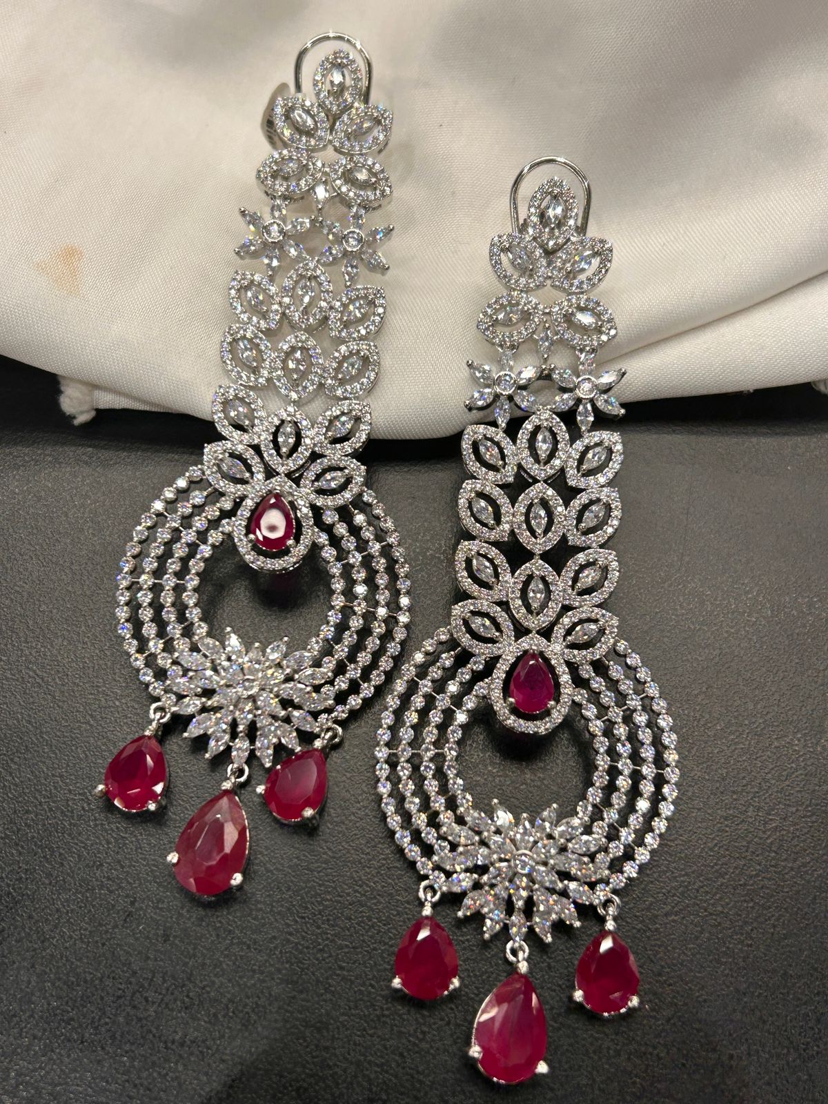 Silver & Ruby Red Designer Statement Earrings