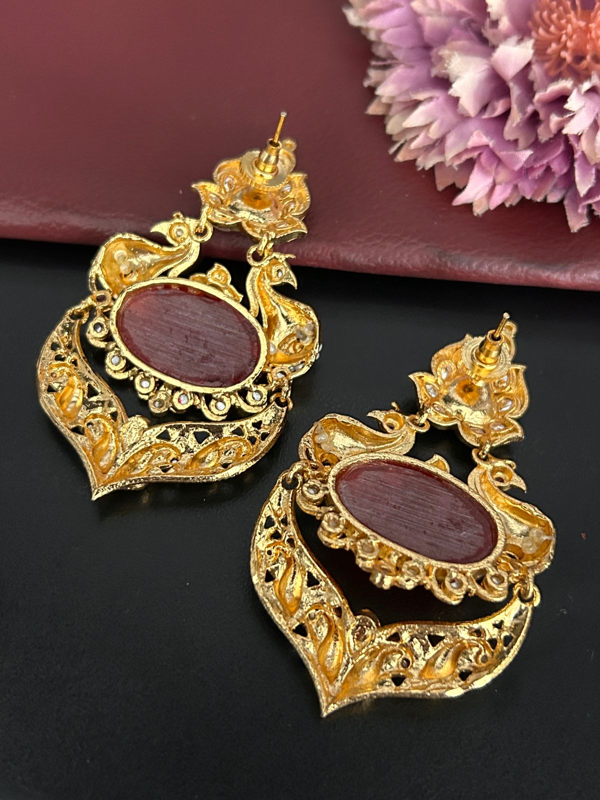 Antique Gold Ruby Peacock Earrings with Kundan & Pearls