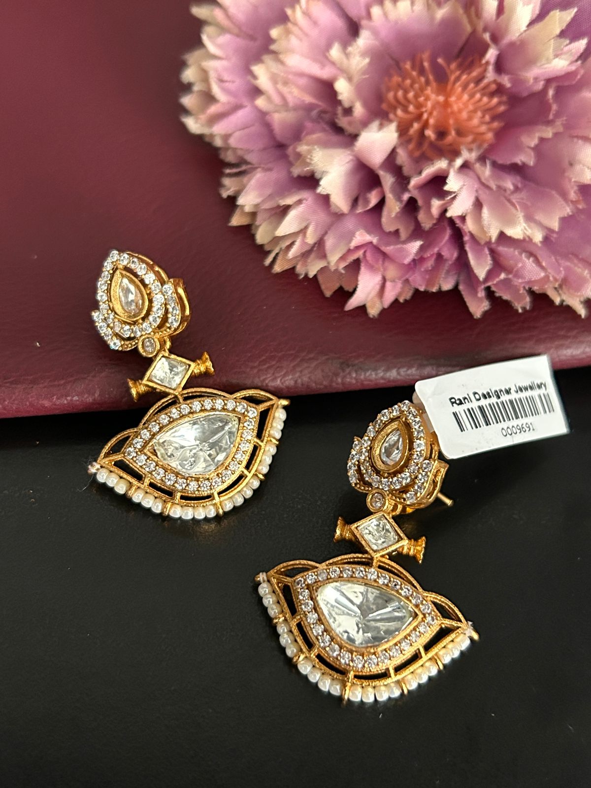 Kundan Polki Pearl Drop Earrings in Antique Gold Finish