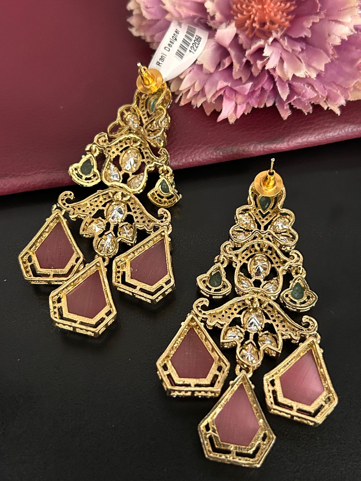 Pink & Green Designer Statement Earrings with Diamond Detailing