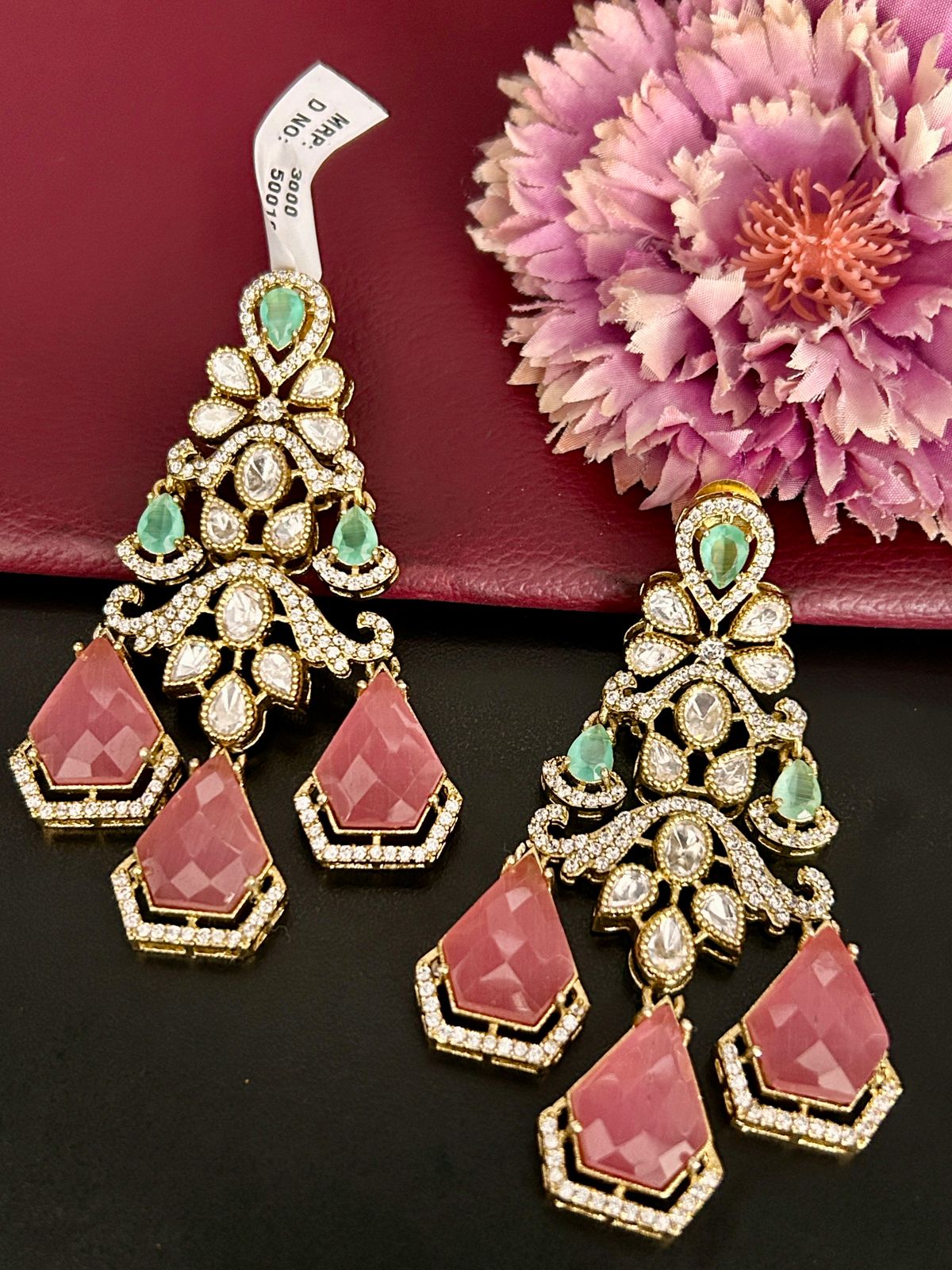 Pink & Green Designer Statement Earrings with Diamond Detailing