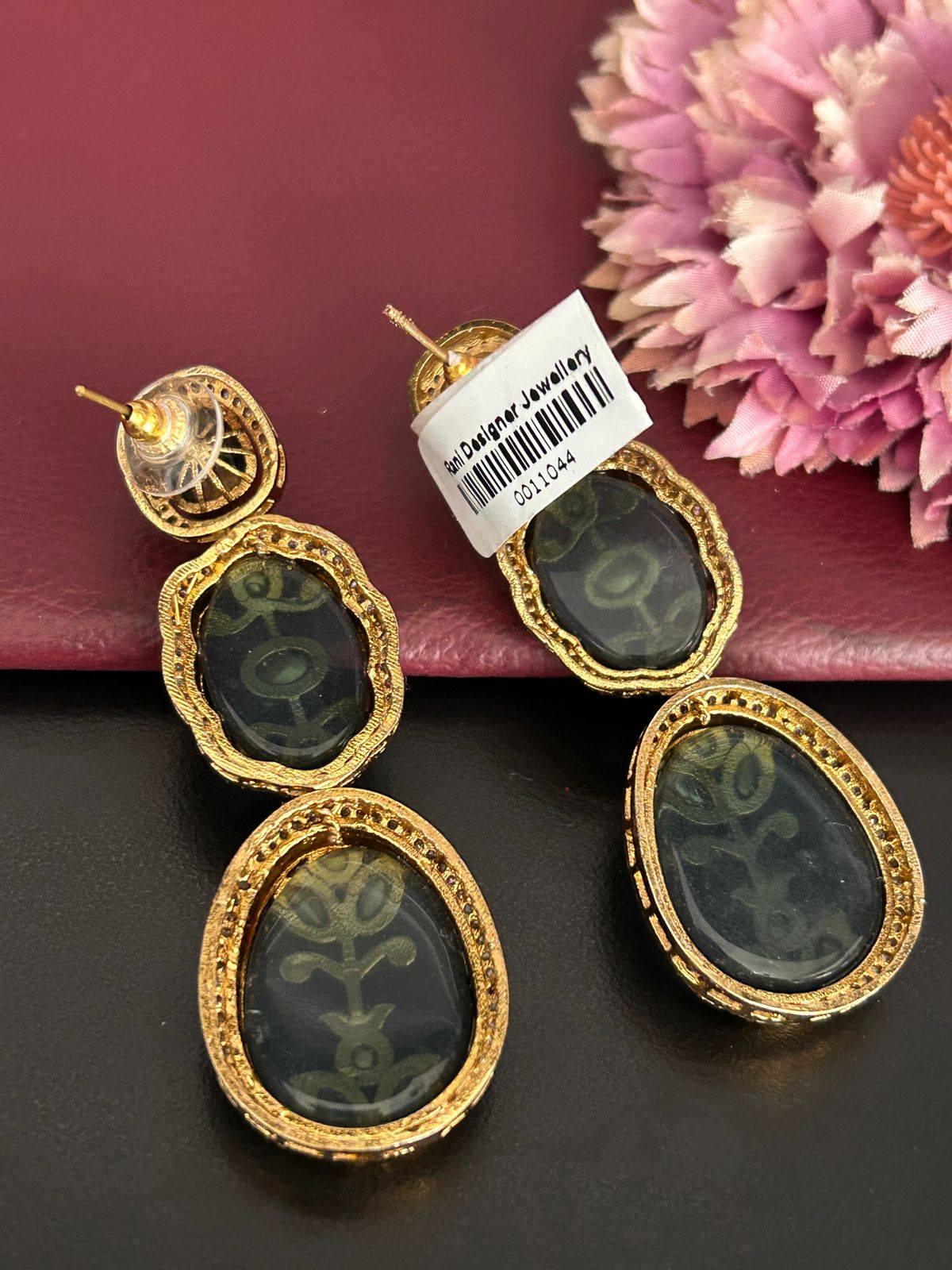 Black Enamel Kundan Style Drop Earrings