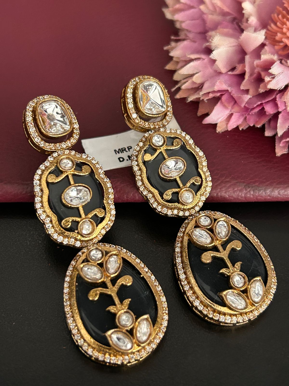 Black Enamel Kundan Style Drop Earrings