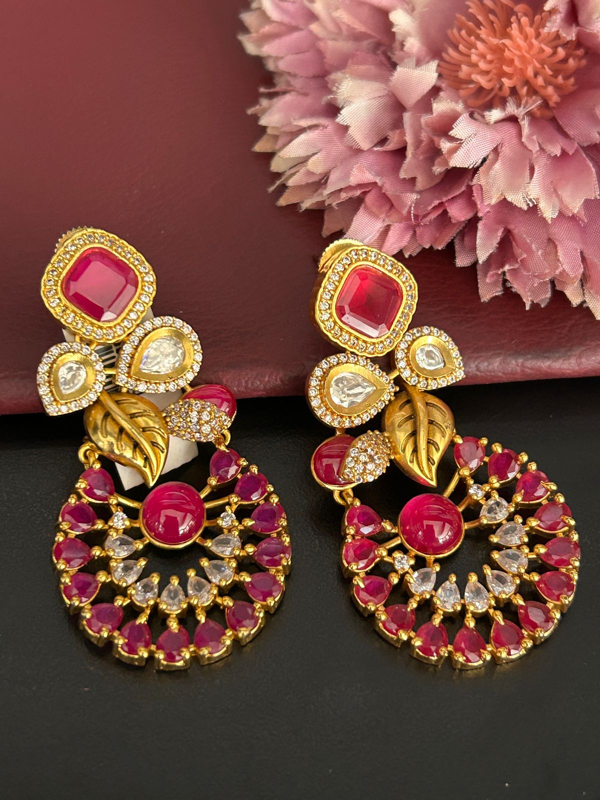 Ruby Red Kundan Style Circular Drop Earrings