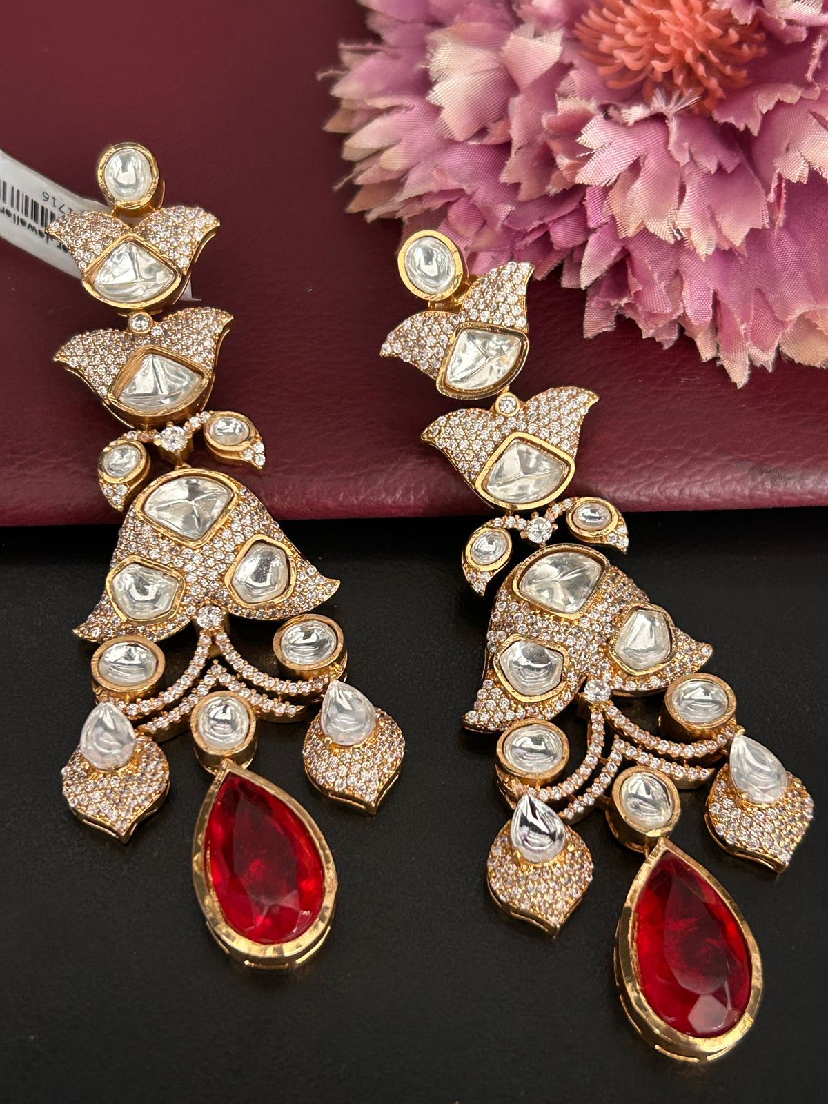 Royal Kundan Red Drop Statement Earrings