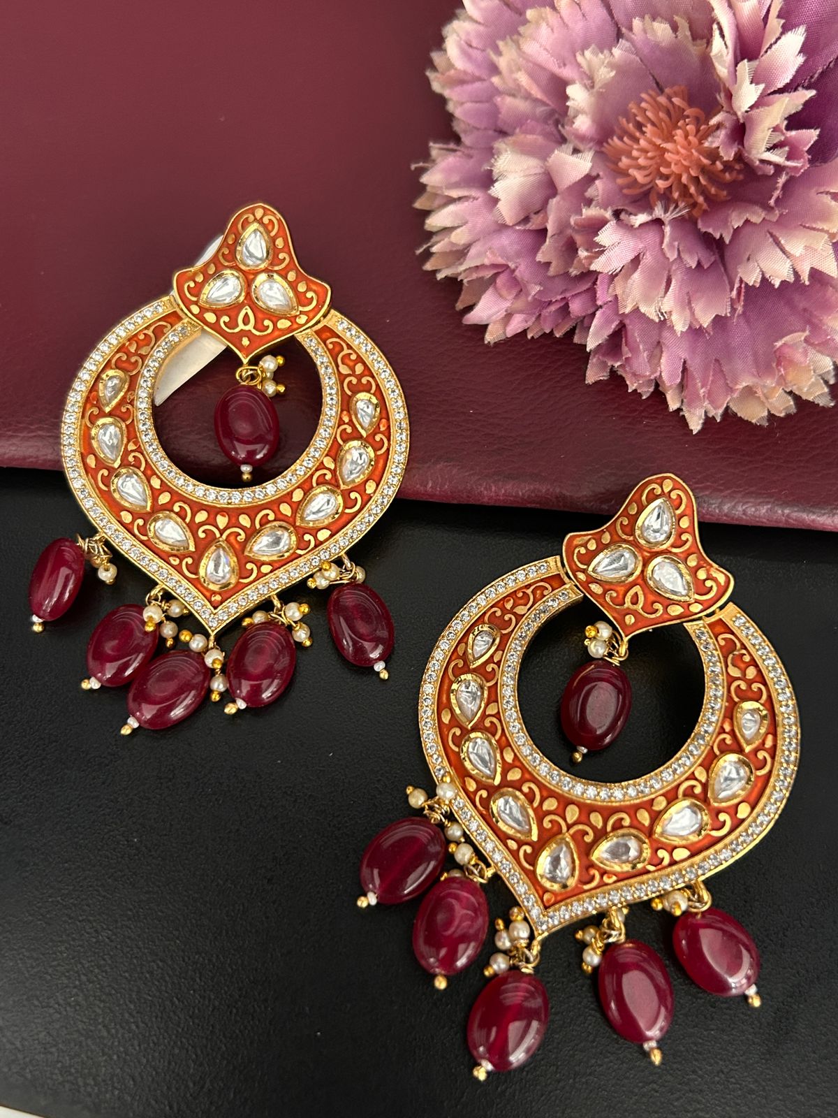 Red Meenakari Kundan Chandbali Earrings