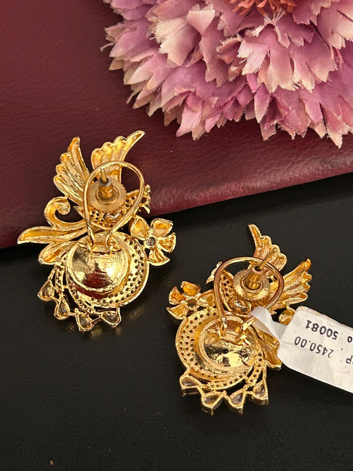 Golden Peacock Stud Earrings with Green Stone
