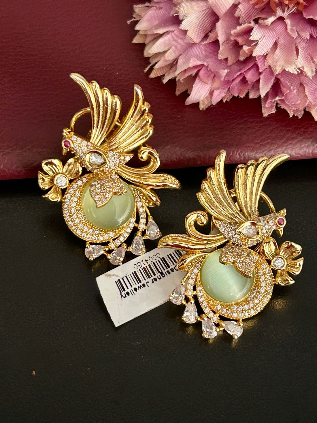 Golden Peacock Stud Earrings with Green Stone
