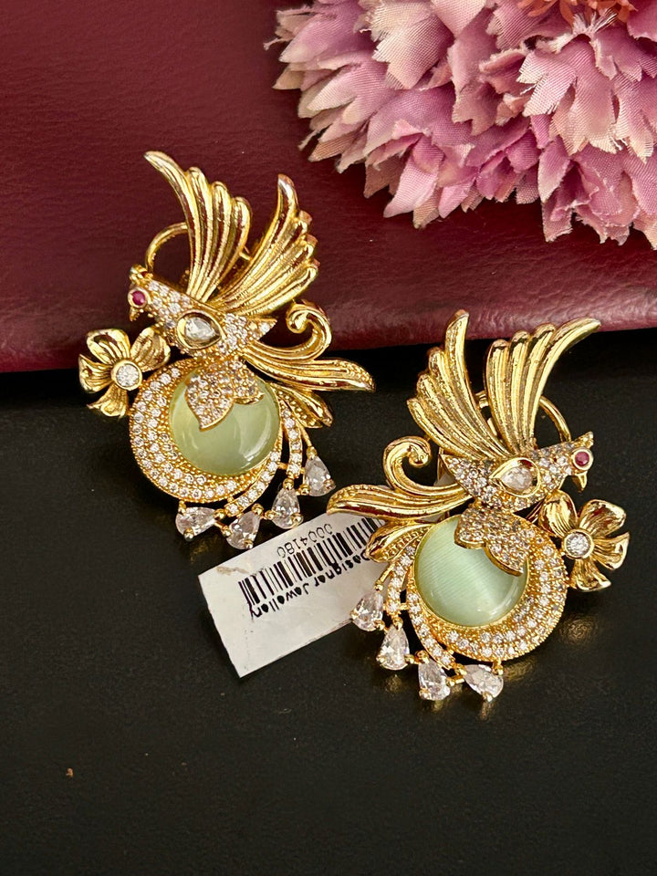 Golden Peacock Stud Earrings with Green Stone