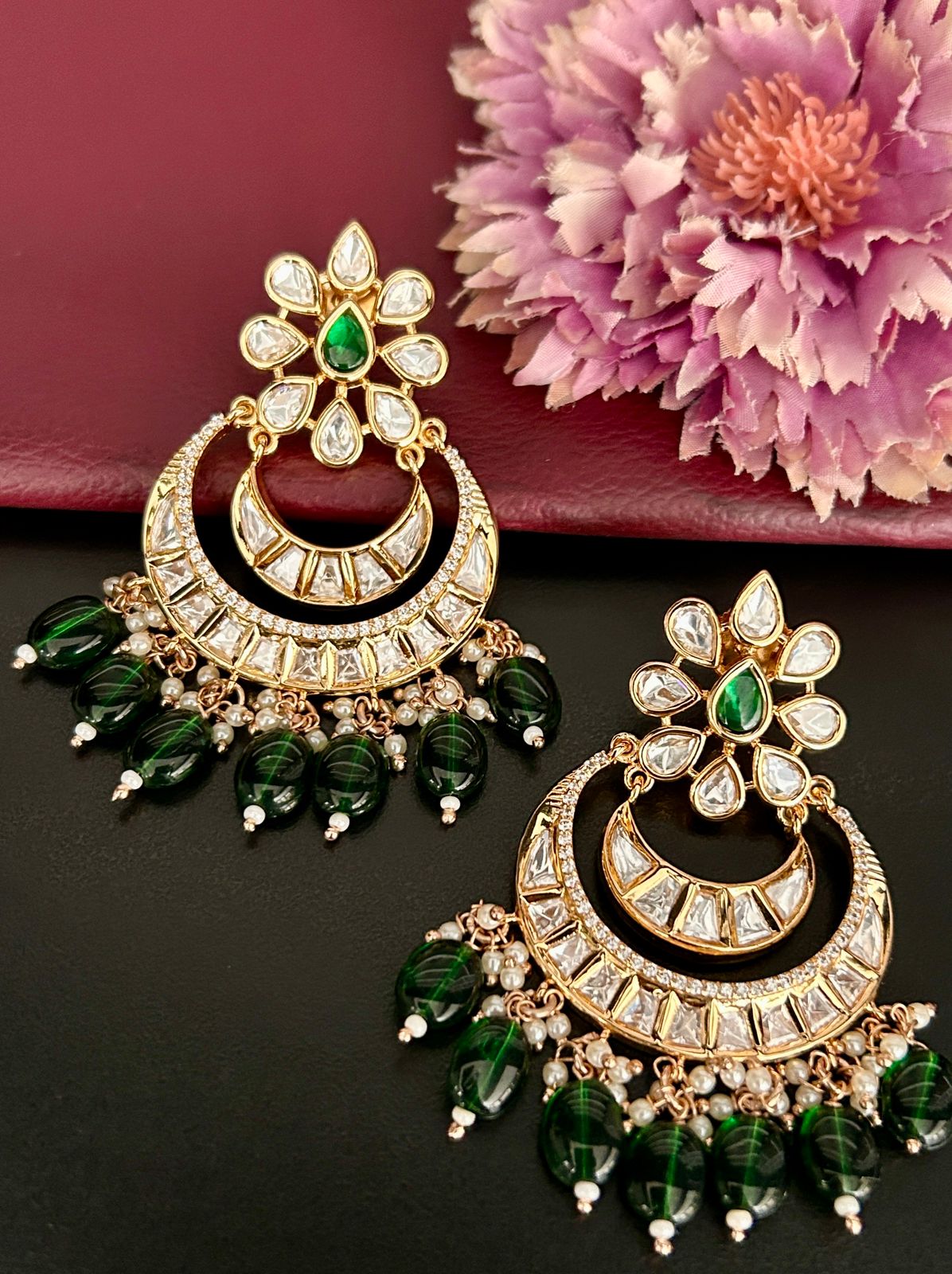 Green Stone Chandbali Earrings – Traditional Kundan Bridal Jewellery