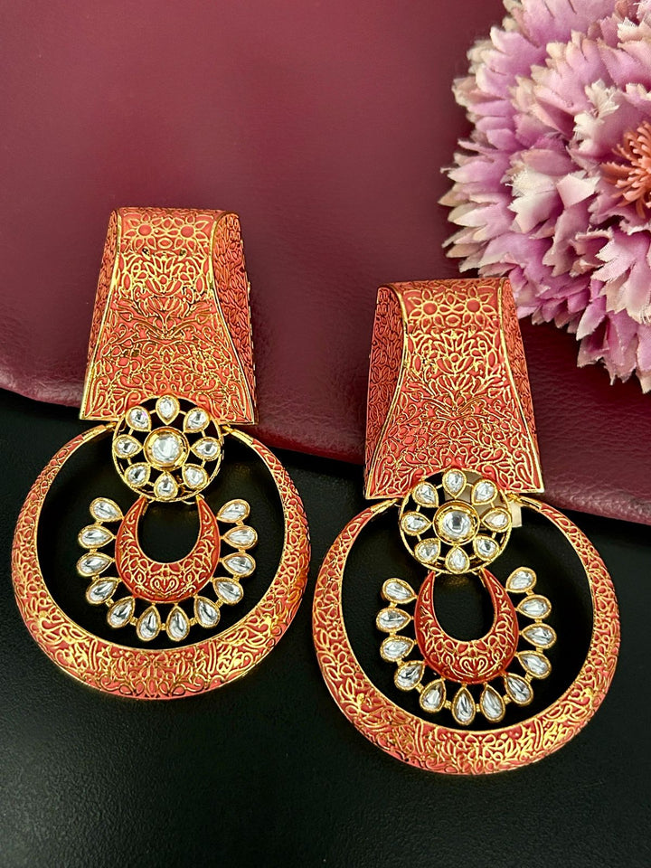Red Meenakari Hoop Earrings – Traditional Kundan Statement Jewellery