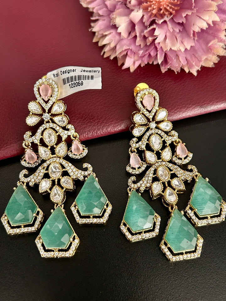 Pastel Green & Pink Stone Chandelier Earrings – Designer Bridal Jewellery