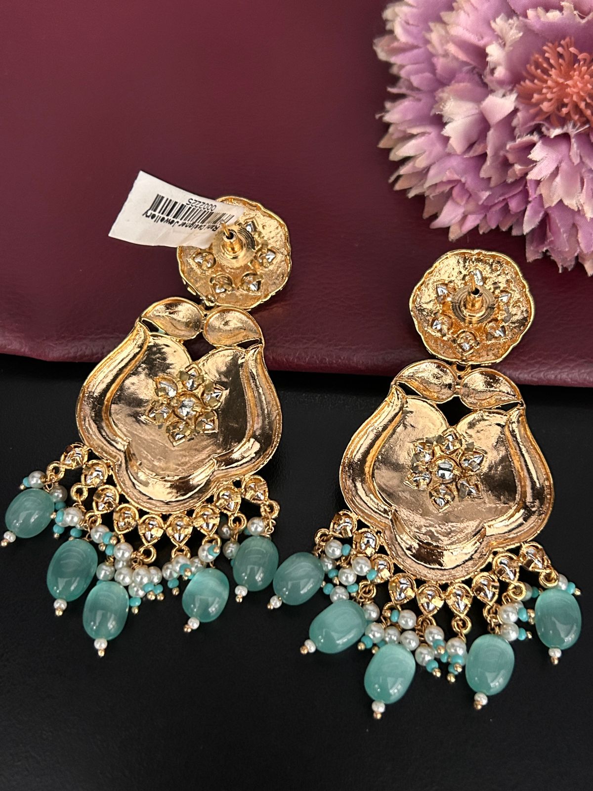 Mint Green Meenakari Earrings with Beaded Drops – Traditional Designer Jewellery