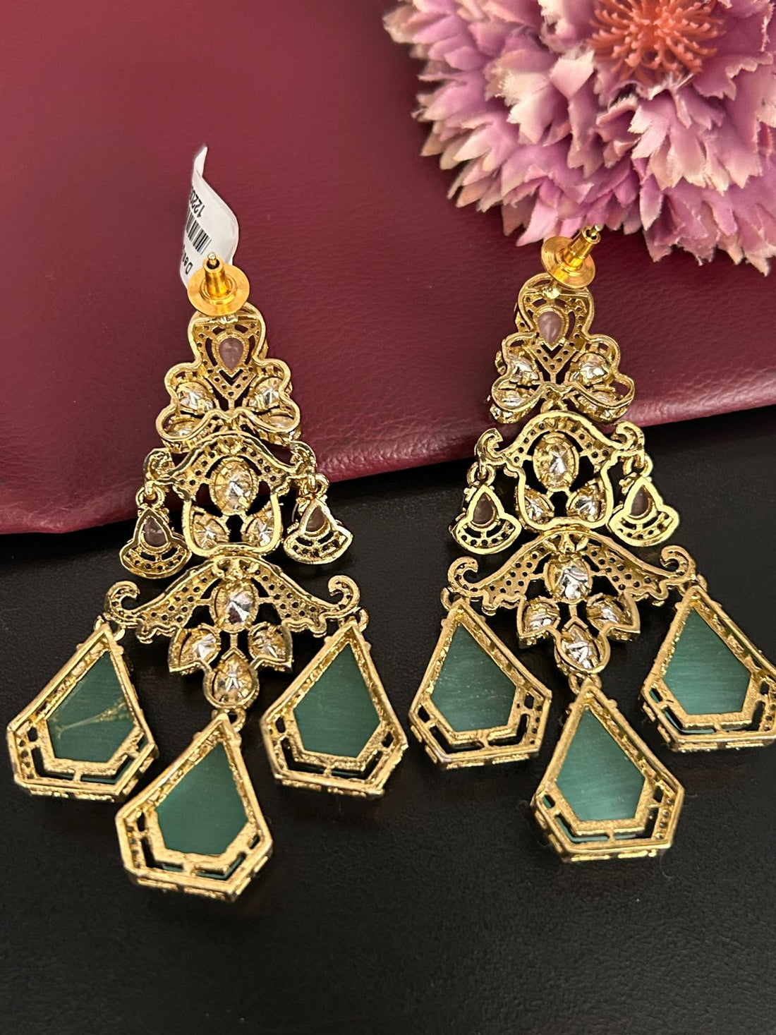 Pastel Green & Pink Stone Chandelier Earrings – Designer Bridal Jewellery