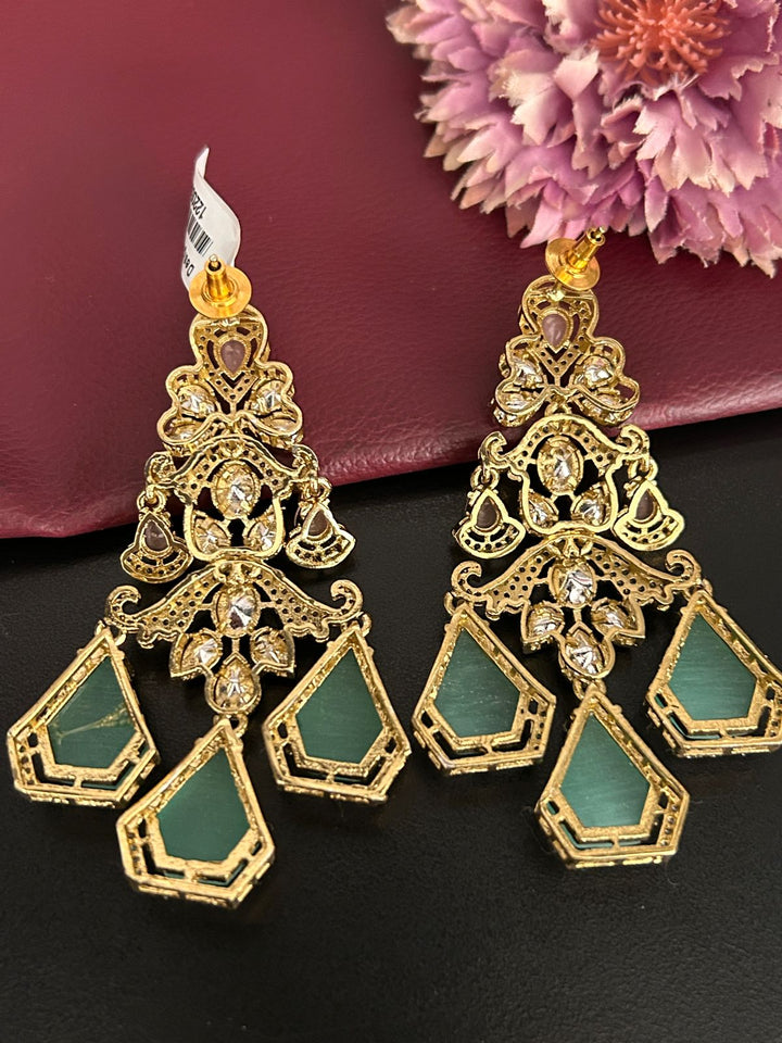 Pastel Green & Pink Stone Chandelier Earrings – Designer Bridal Jewellery