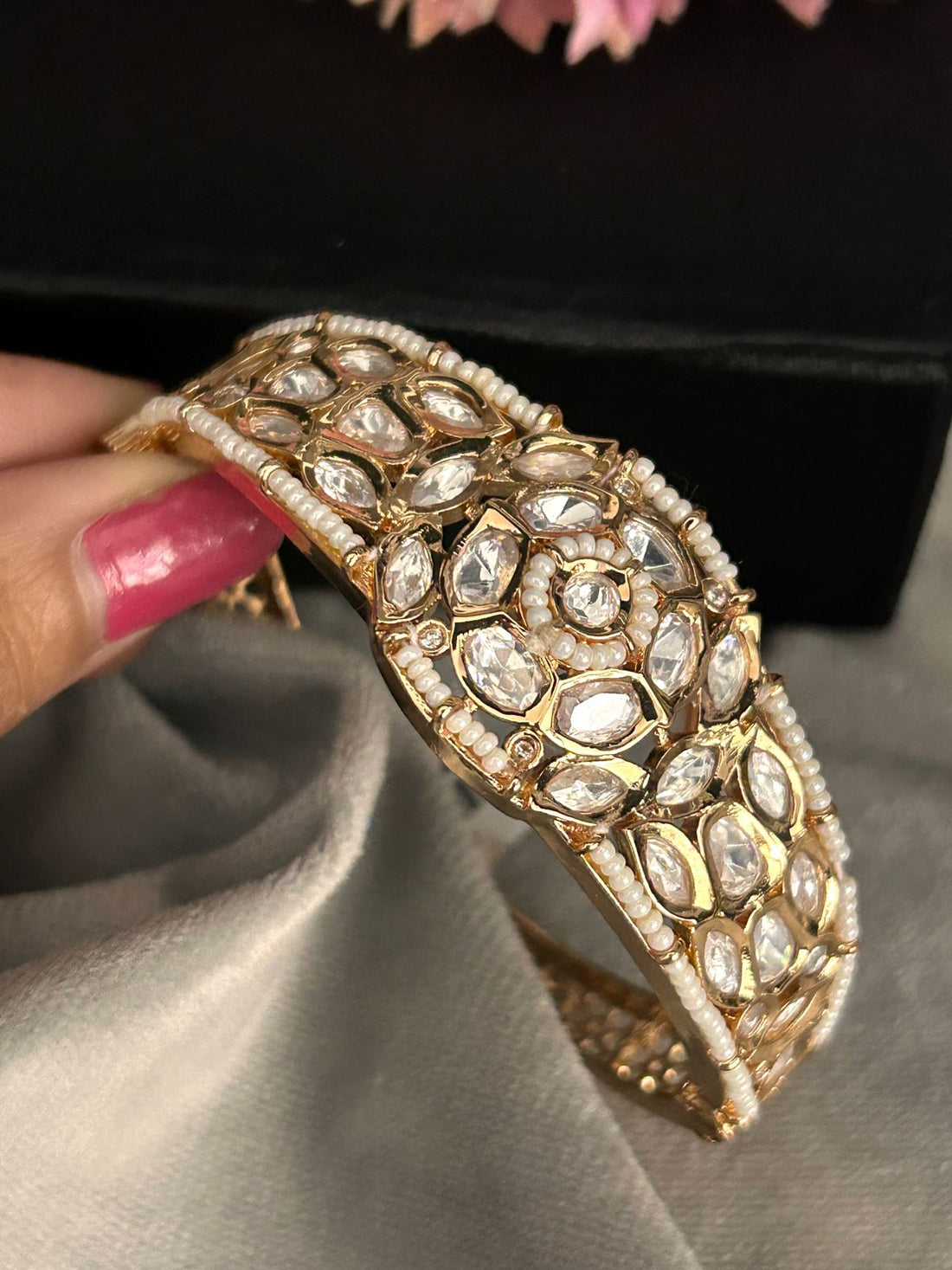 Pearl Kundan Openable Bracelet