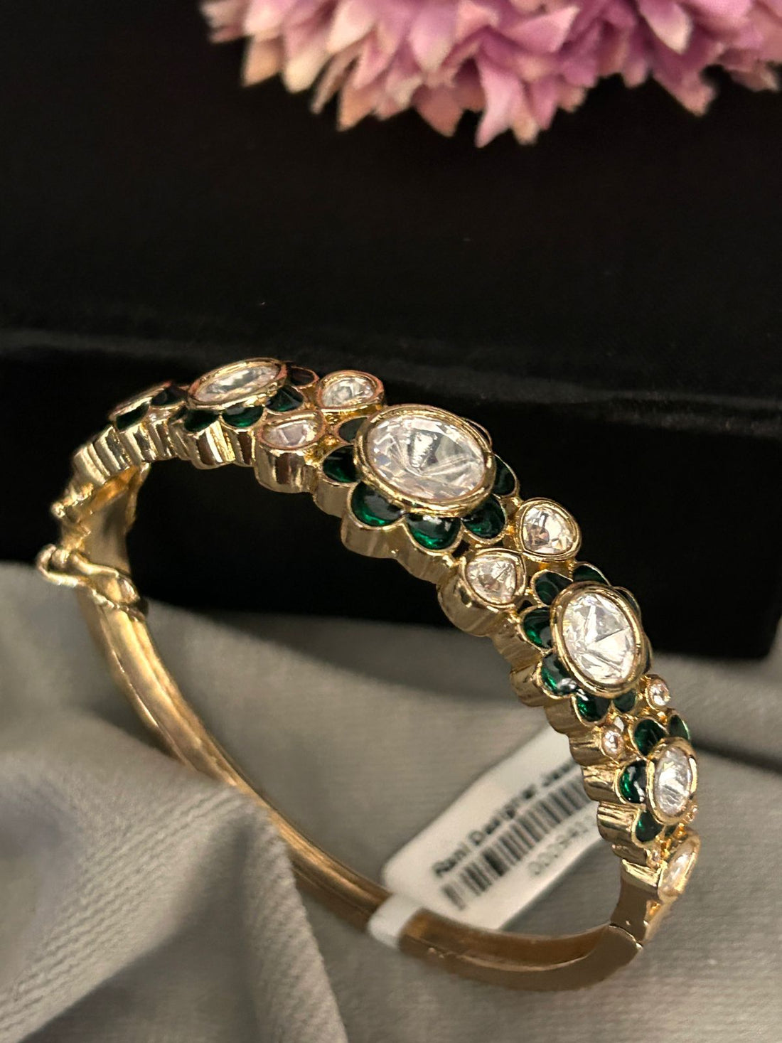 Floral Kundan Openable Bracelet with Green Enamel