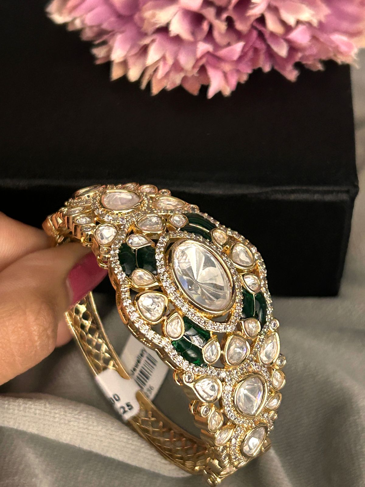 Grand Kundan Openable Bracelet with Green Enamel