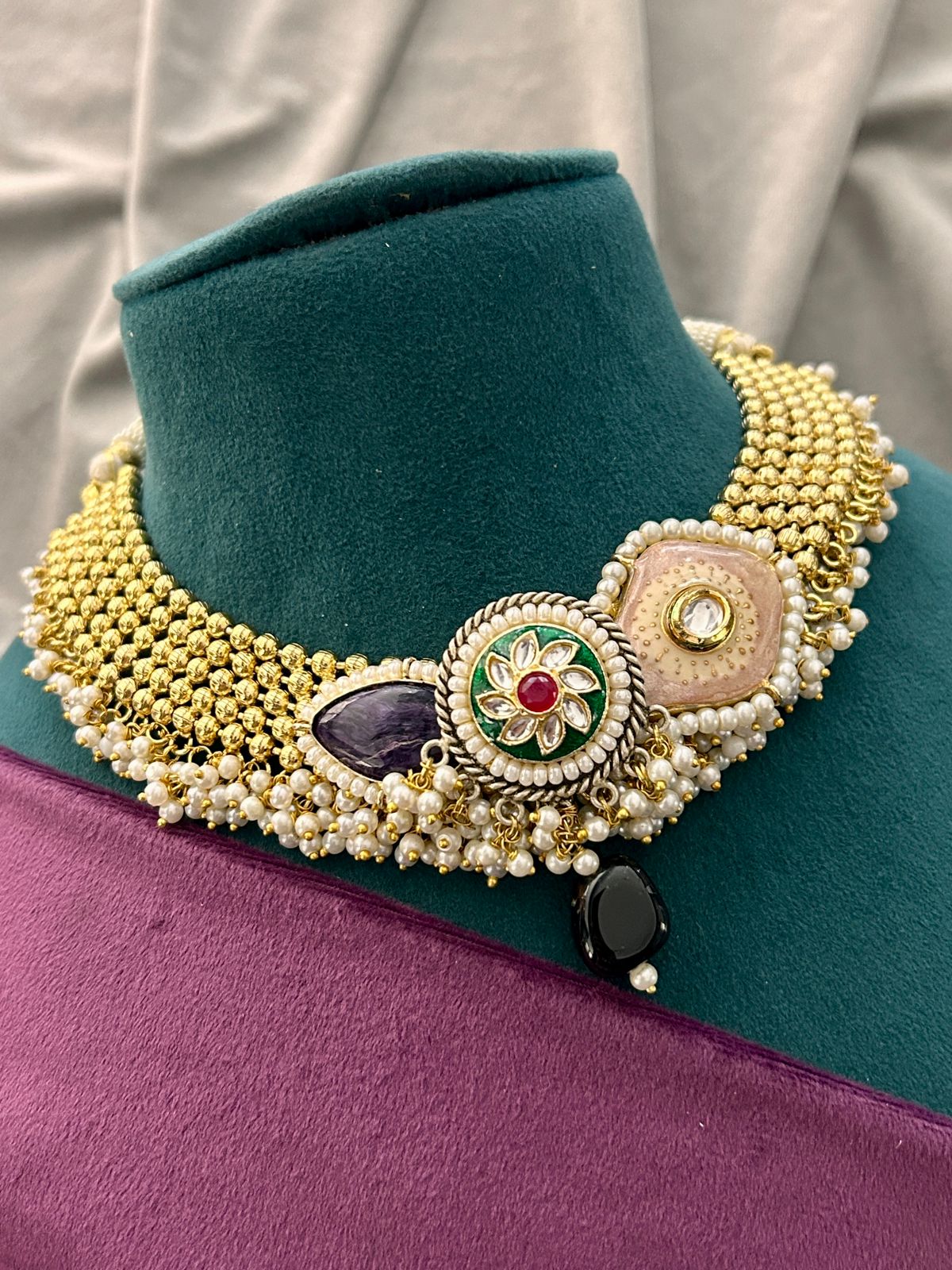 Royal Kundan Pearl Choker Set with Green Stone Earrings