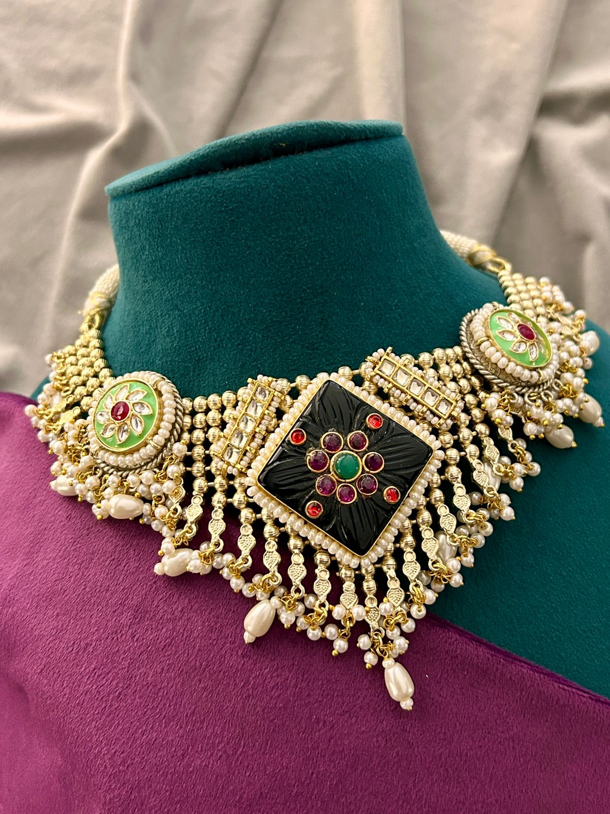 Royal Black Kundan Choker Necklace Set with Pearl Drops & Earrings