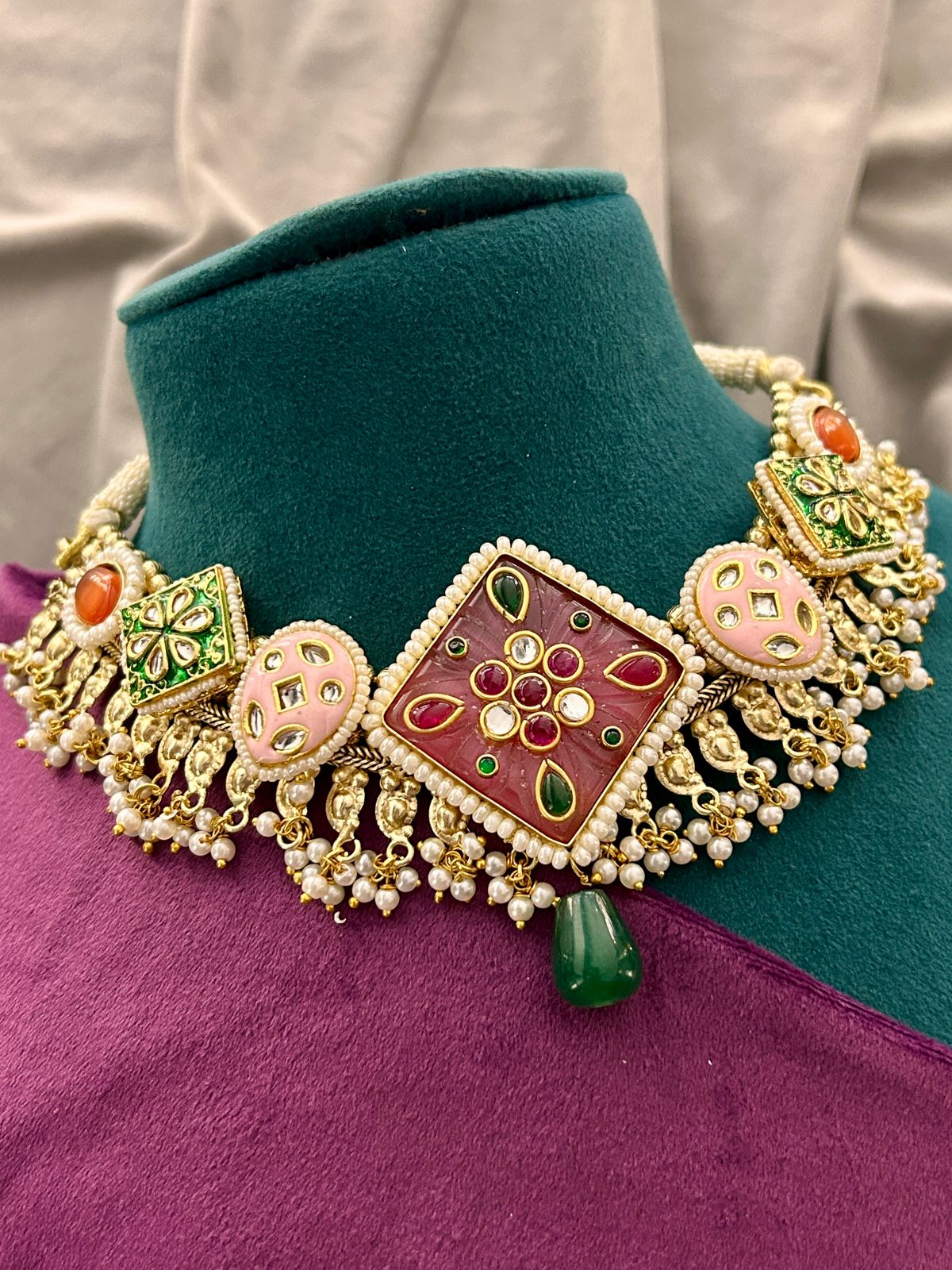 Multicolor Kundan Pearl Choker Necklace Set with Carved Centerpiece