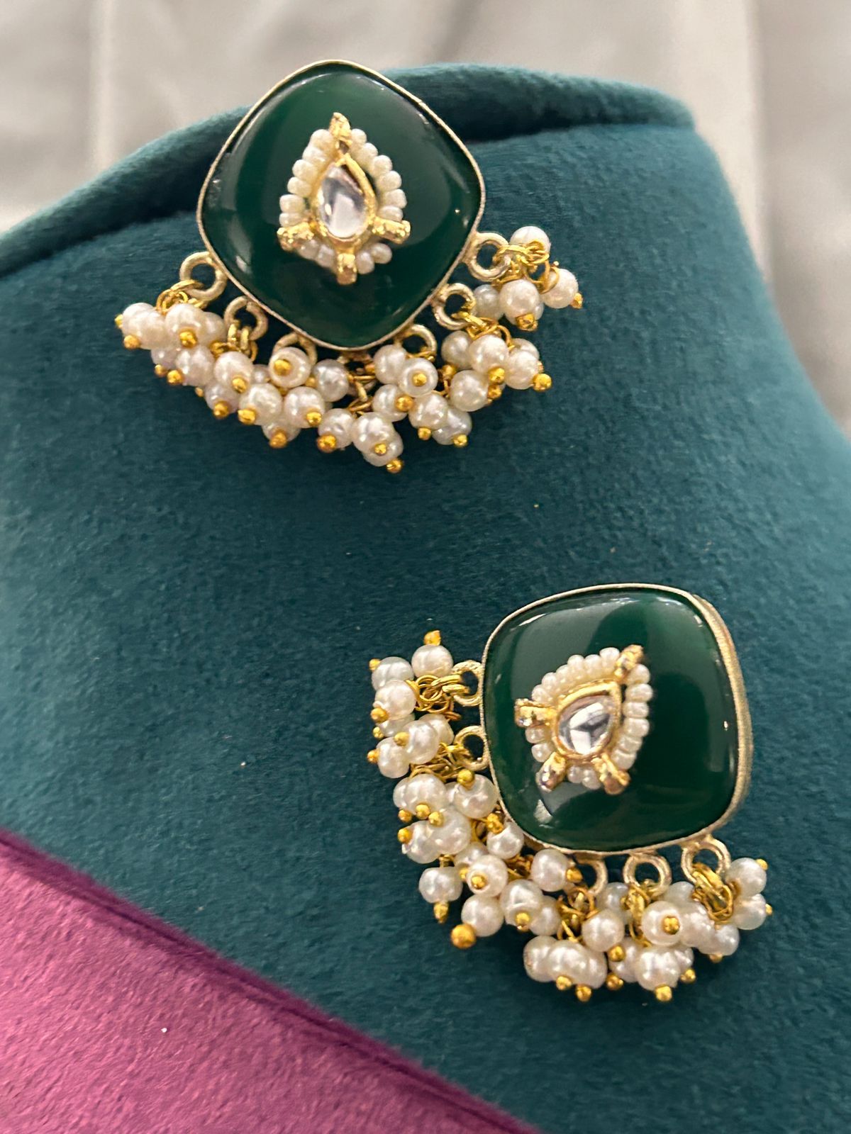 Multicolor Kundan Square Motif Choker Necklace Set with Pearl Drops & Earrings