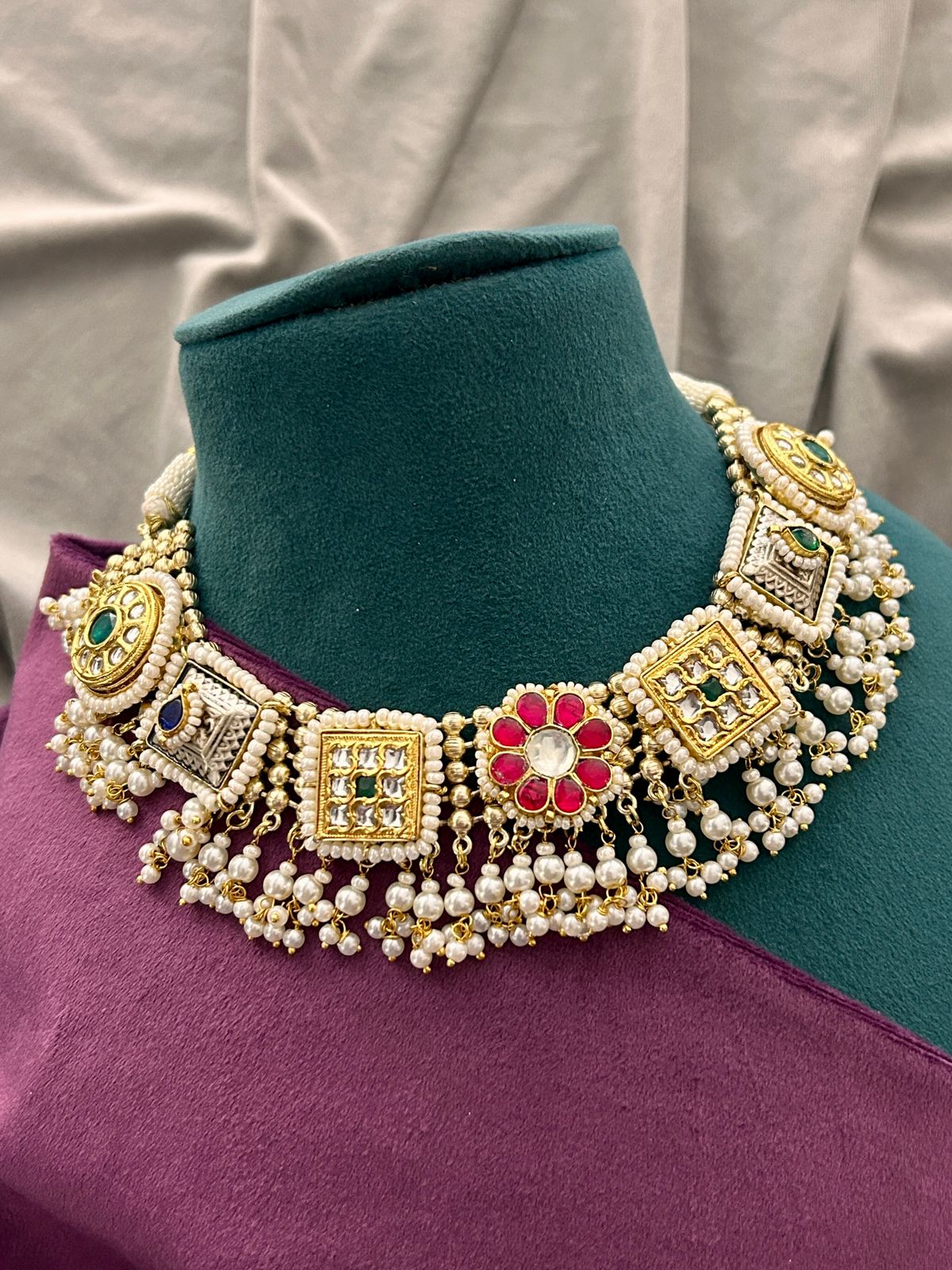 Multicolor Kundan Square Motif Choker Necklace Set with Pearl Drops & Earrings