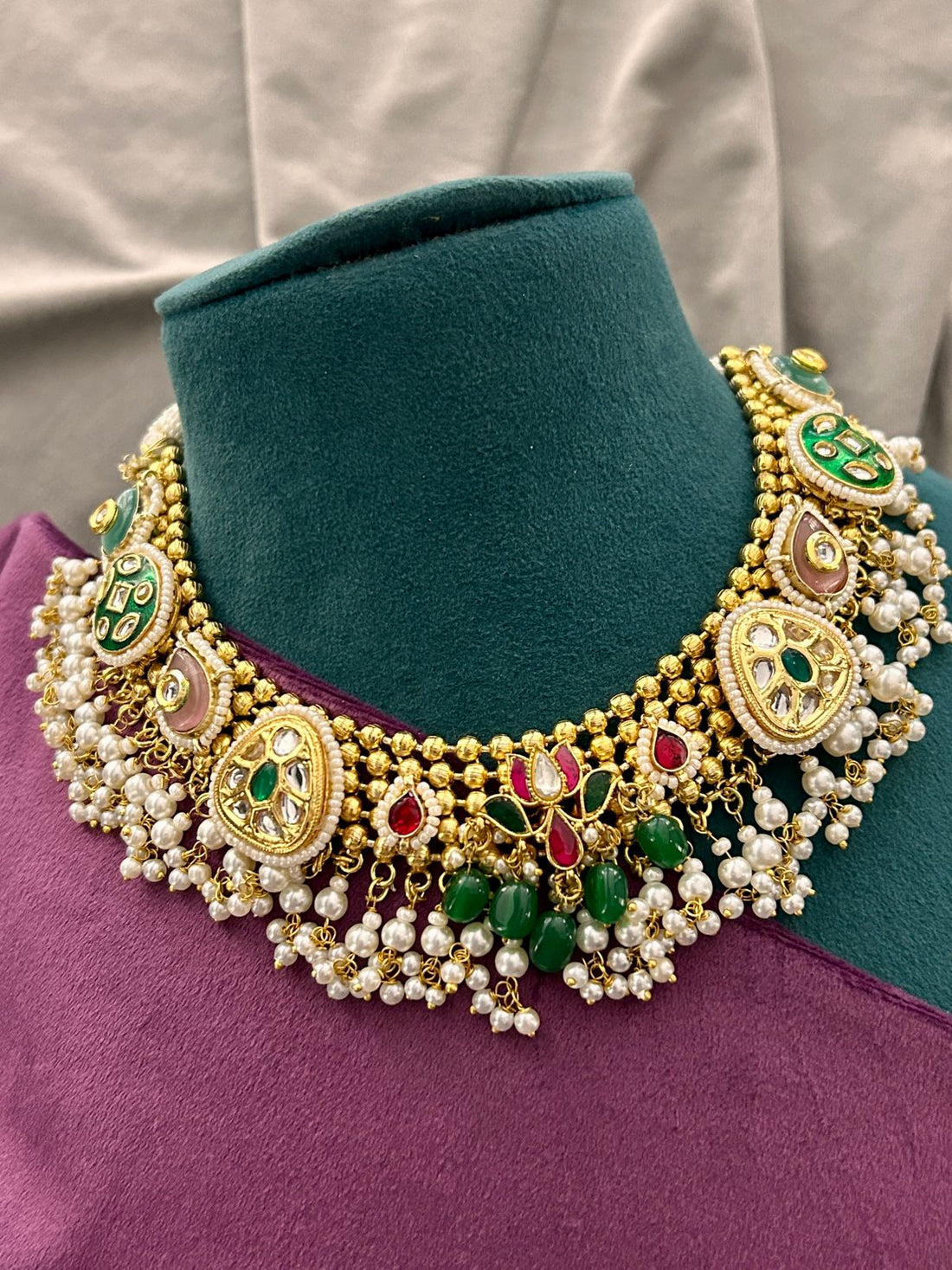 Ruby Red & Green Kundan Pearl Choker Necklace Set