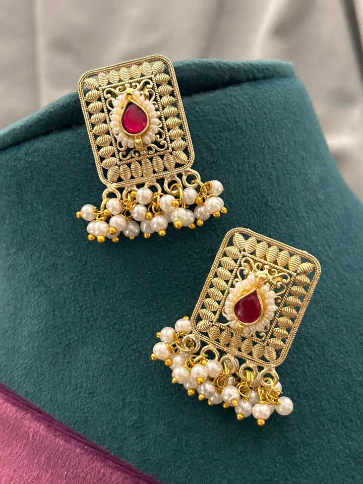 Ruby Red & Green Kundan Pearl Choker Necklace Set