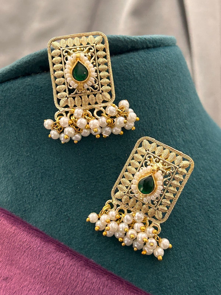 Lotus Motif Kundan Pearl Choker Set with Green Bead Drops