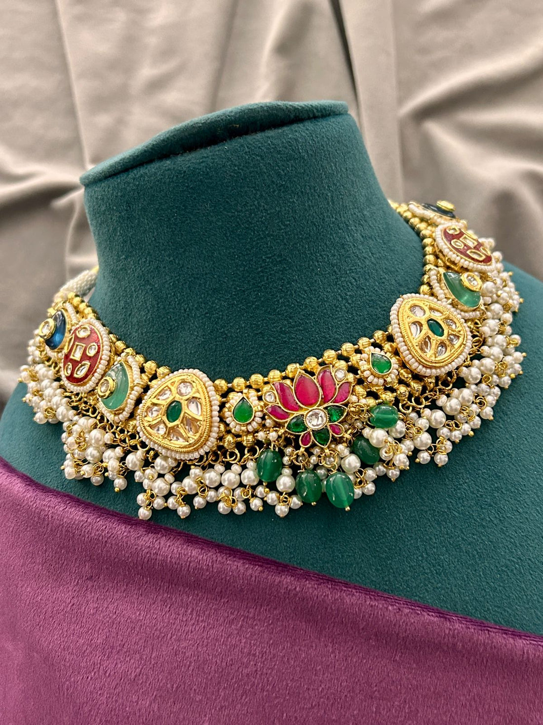 Lotus Motif Kundan Pearl Choker Set with Green Bead Drops