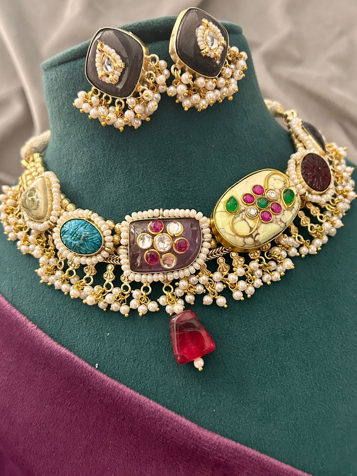 Royal Multicolor Stone Kundan Pearl Choker Set