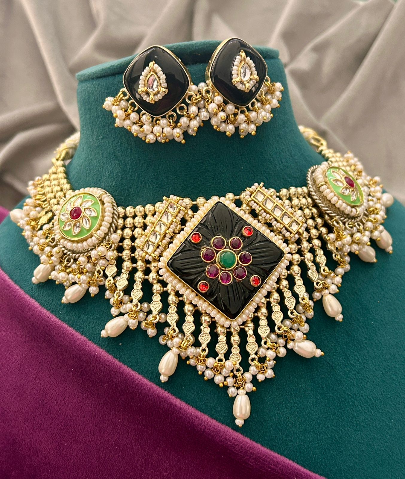 Royal Black Kundan Choker Necklace Set with Pearl Drops & Earrings