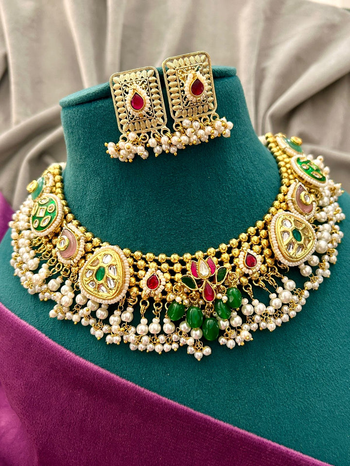 Ruby Red & Green Kundan Pearl Choker Necklace Set