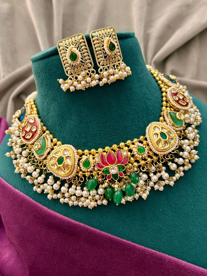Lotus Motif Kundan Pearl Choker Set with Green Bead Drops