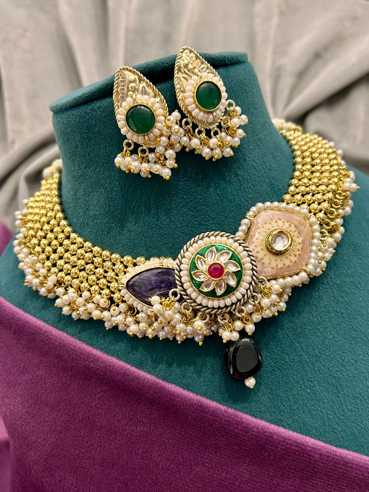 Royal Kundan Pearl Choker Set with Green Stone Earrings