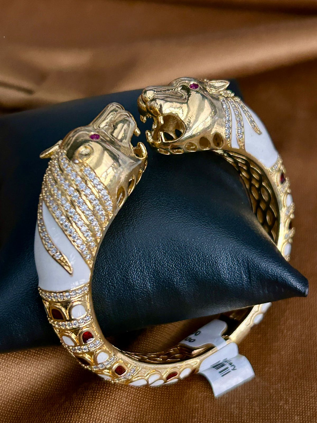 Dual Tiger Head Openable Bracelet with Enamel & CZ