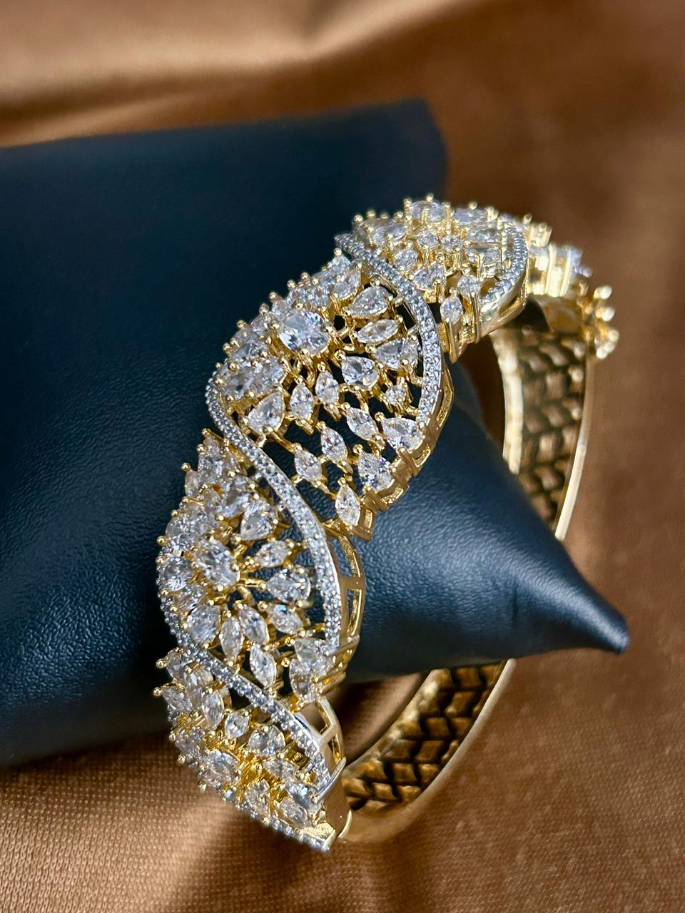 Luxury Gold Openable Bracelet with CZ Cluster Waves