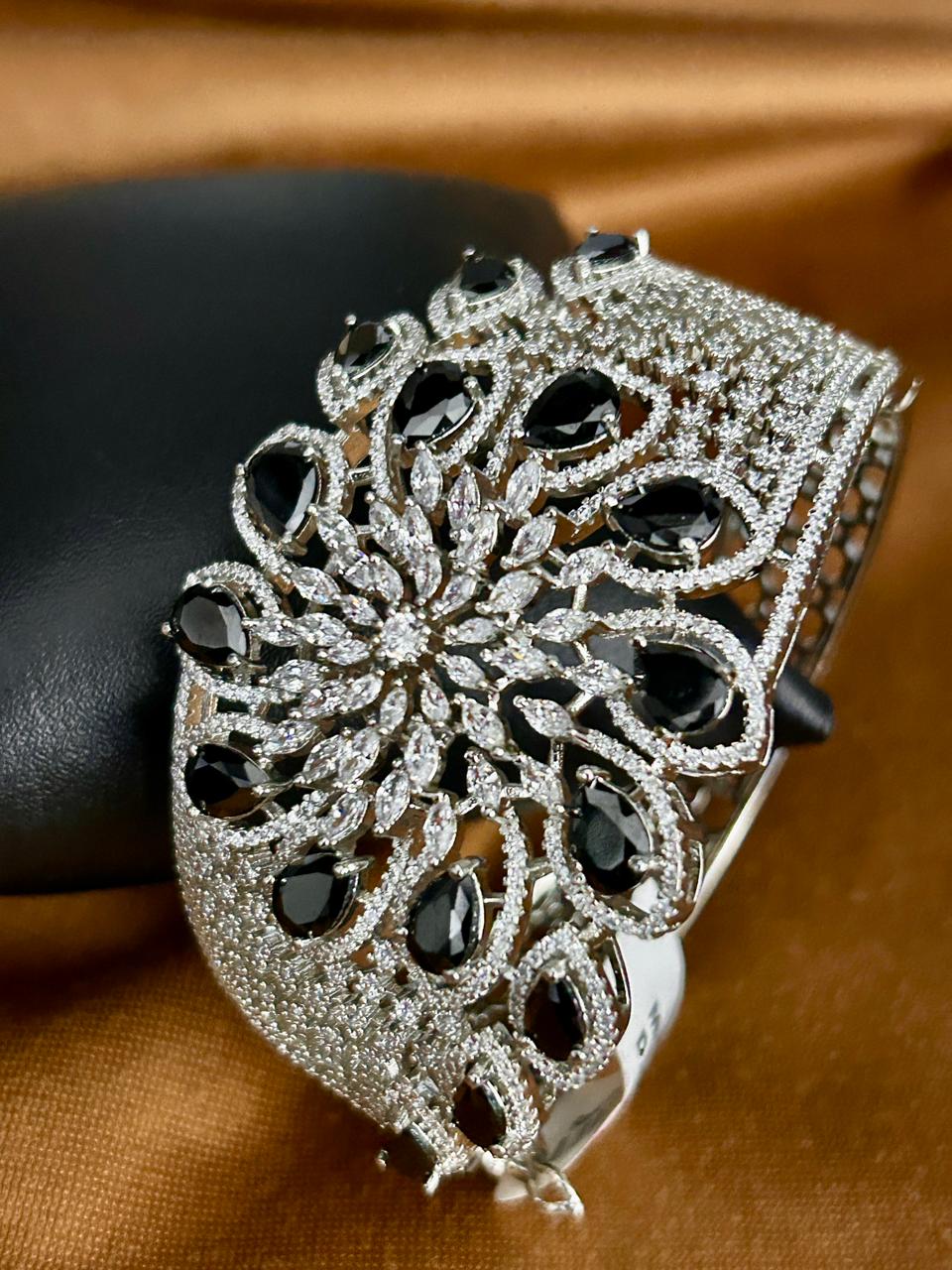 Designer Black Stone Openable Bracelet with CZ Floral Design