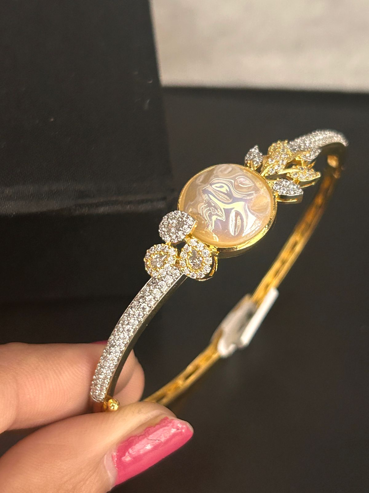 Elegant Pearl & CZ Openable Bracelet in Gold Finish