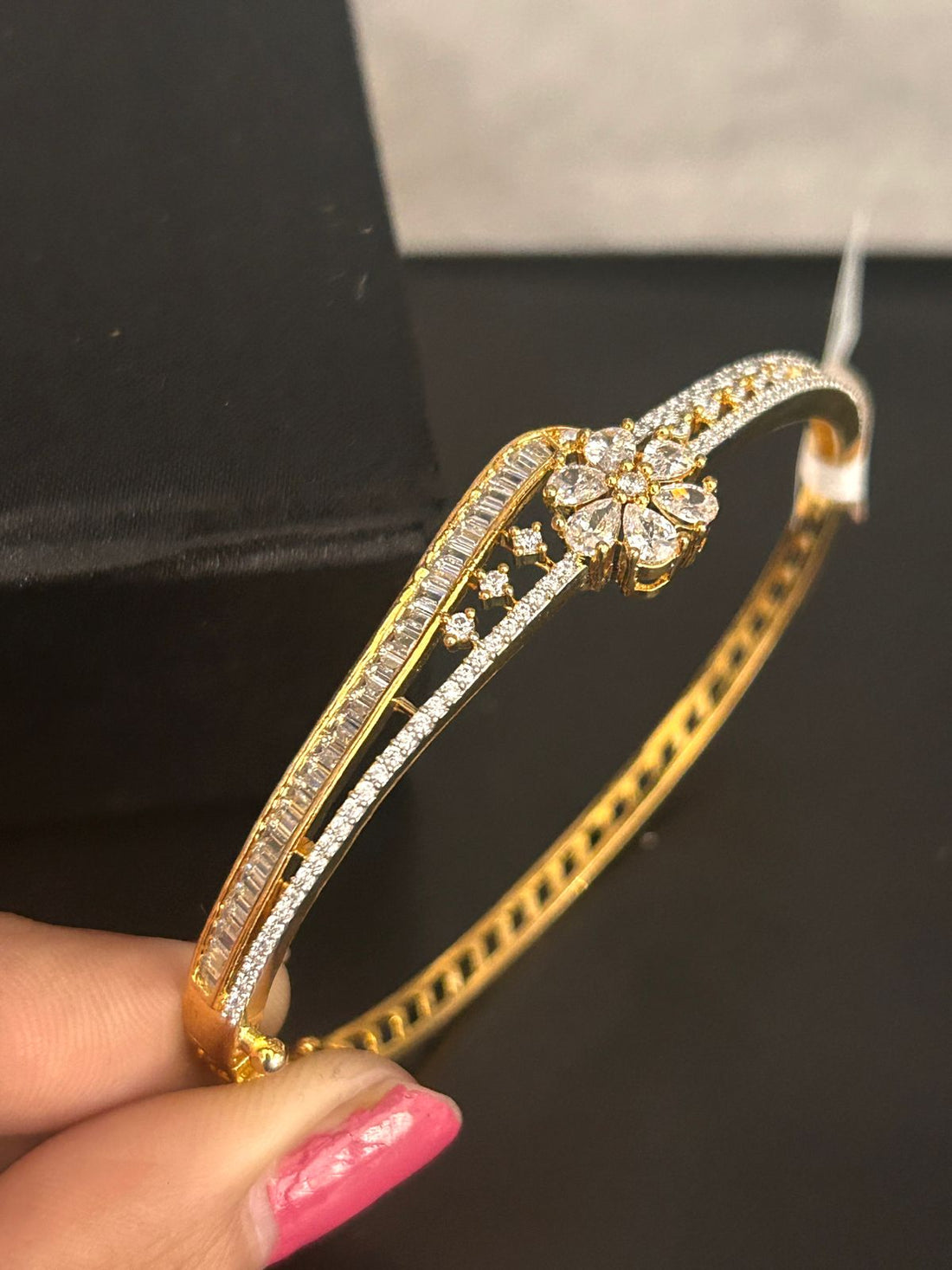 Floral CZ Openable Bracelet in Gold Finish
