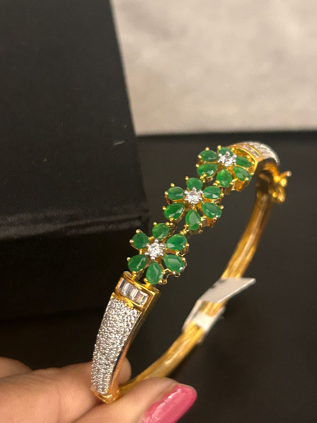 Golden Openable Bracelet with Green Floral Stone Design