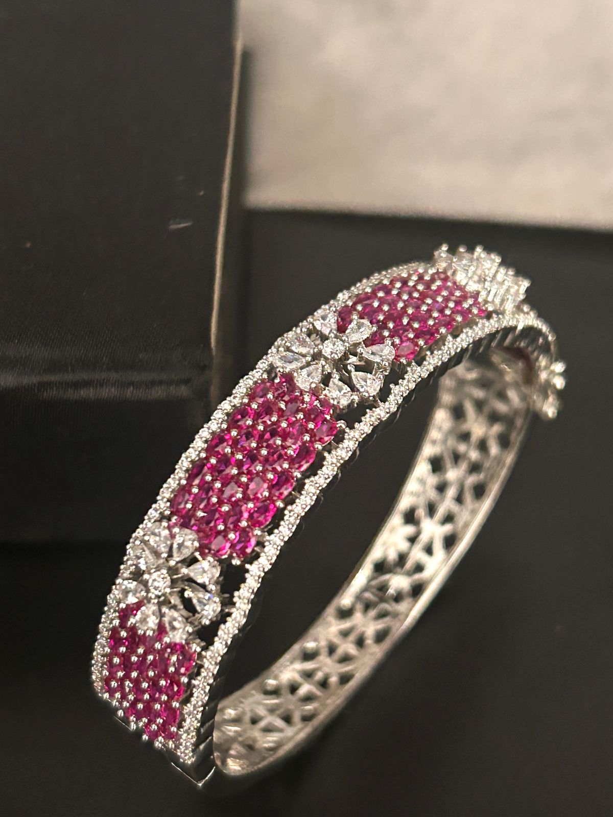 Ruby Stone & Diamond Floral Openable Bracelet