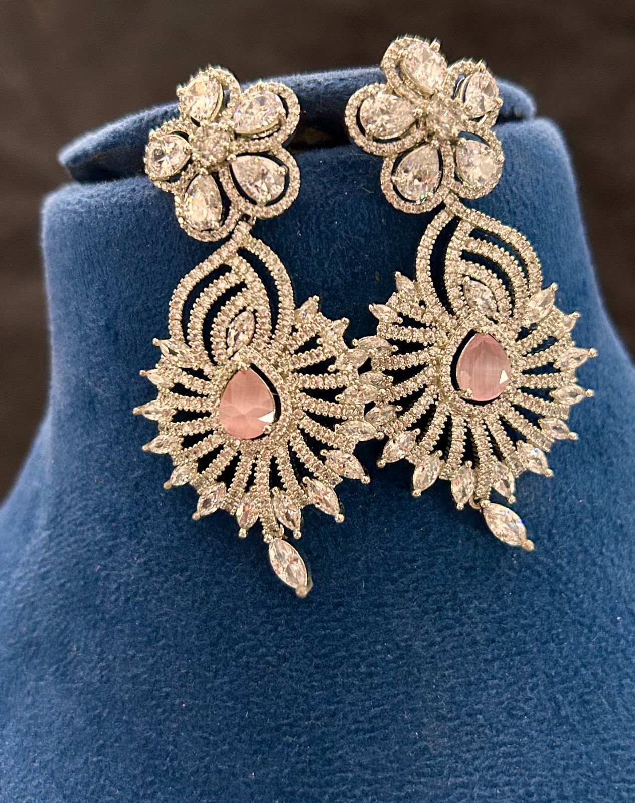 Elegant Pink Stone Diamond Choker Necklace Set with Earrings