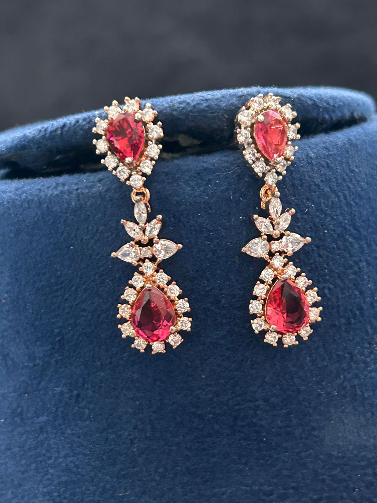 Elegant Ruby Drop Diamond Look Necklace Set with Earrings