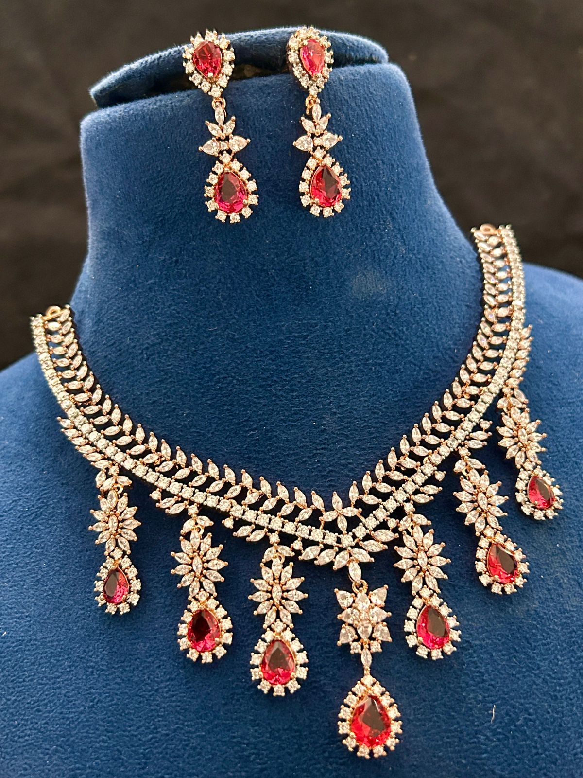 Elegant Ruby Drop Diamond Look Necklace Set with Earrings